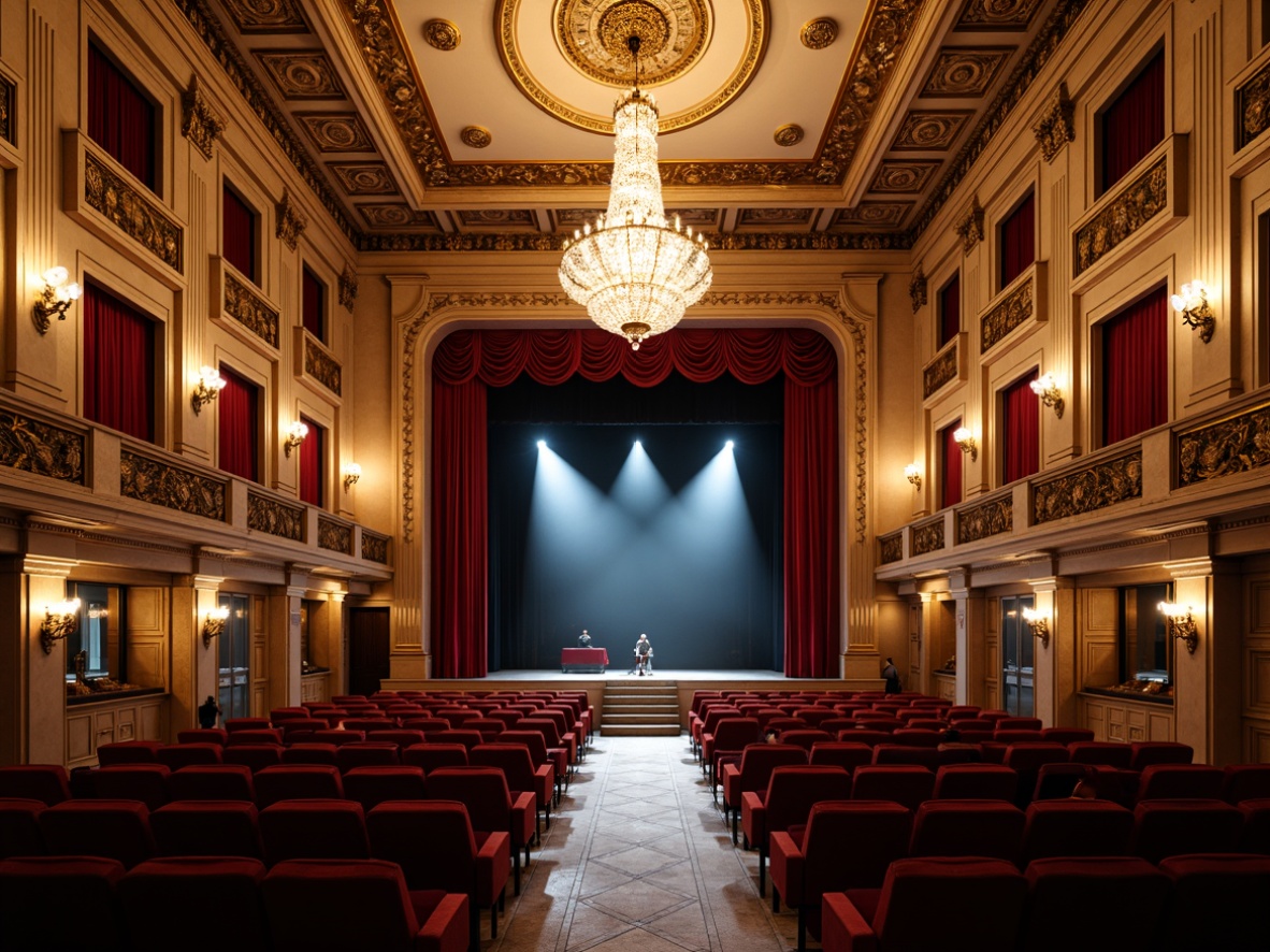 Prompt: Ornate theater interior, neoclassical style, grand chandelier, red velvet curtains, golden wall moldings, decorative ceiling medallions, marble columns, intricate carvings, luxurious fabrics, rich wood paneling, ornamental mirrors, crystal sconces, dramatic spotlights, 3-point lighting setup, shallow depth of field, realistic textures, ambient occlusion.