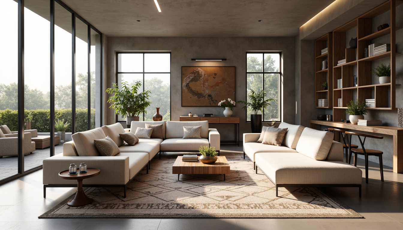 Prompt: Minimalist living room, sleek sofas, modern coffee tables, geometric rugs, floor-to-ceiling windows, natural light, open-plan layout, functional zones, cozy reading nooks, floating shelves, industrial-chic decor, metallic accents, earthy tones, soft warm lighting, 1/1 composition, shallow depth of field, realistic textures, ambient occlusion.