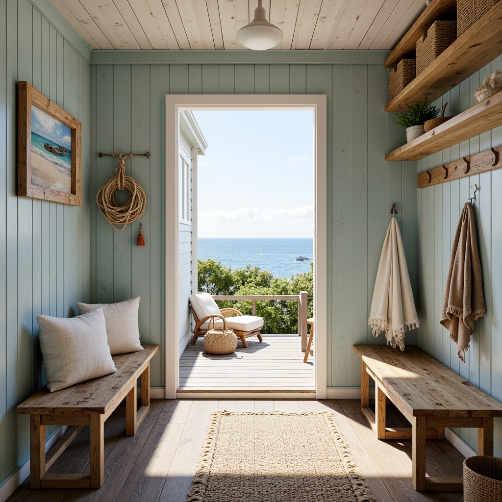 Prompt: Coastal mudroom, driftwood benches, woven sea grass baskets, nautical rope accents, weathered wood walls, calming ocean views, natural textiles, soft blue-green hues, shell-adorned decor, wooden boat-inspired shelves, functional storage units, woven jute rugs, rustic metal hooks, sunny day, warm soft lighting, shallow depth of field, 1/2 composition, relaxed casual atmosphere.