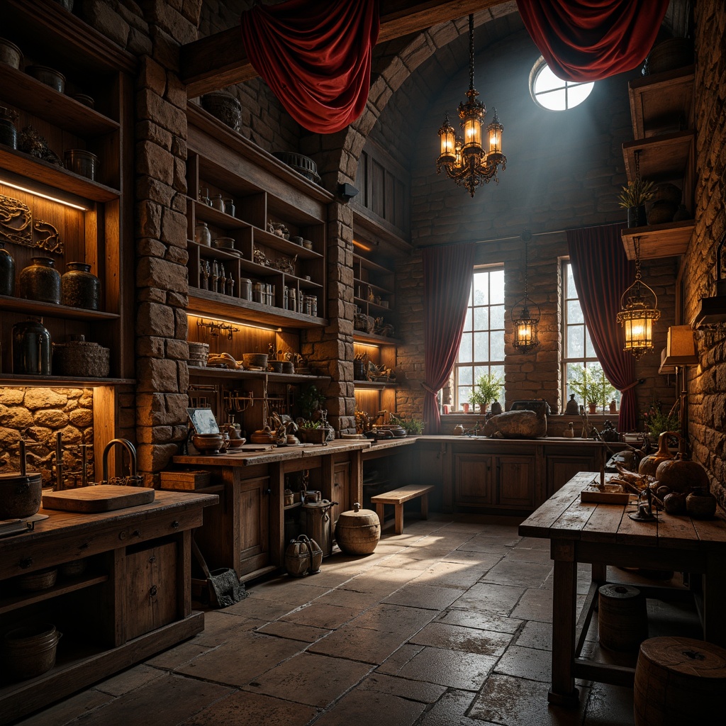 Prompt: Medieval-inspired workshop, dimly lit atmosphere, stone walls, wooden workbenches, rustic metal tools, ornate iron chandeliers, heavy drapery, rich velvet fabrics, mysterious lanterns, distressed wood furniture, ancient artifacts, Gothic arches, grandiose chandeliers, dramatic lighting, low-angle shots, cinematic composition, warm color palette, high-contrast textures.