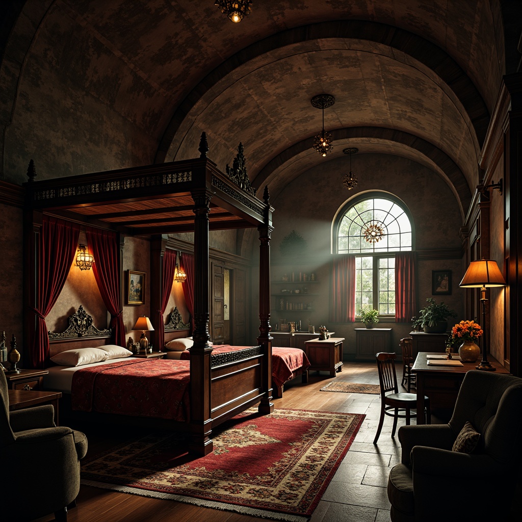 Prompt: Dark academia-inspired dormitory, mysterious Gothic arches, grandiose wooden furniture, intricately carved four-poster beds, luxurious velvet drapes, ornate metalwork fixtures, mystical lanterns, richly patterned rugs, eerie candlelight, dim warm ambiance, dramatic shadows, bold color palette, lavish upholstery, antique wooden desks, mysterious ancient artifacts, vintage Gothic-style decorations, intricate stonework walls, grand high ceilings, atmospheric misty lighting, shallow depth of field, 1/2 composition, realistic textures, ambient occlusion.