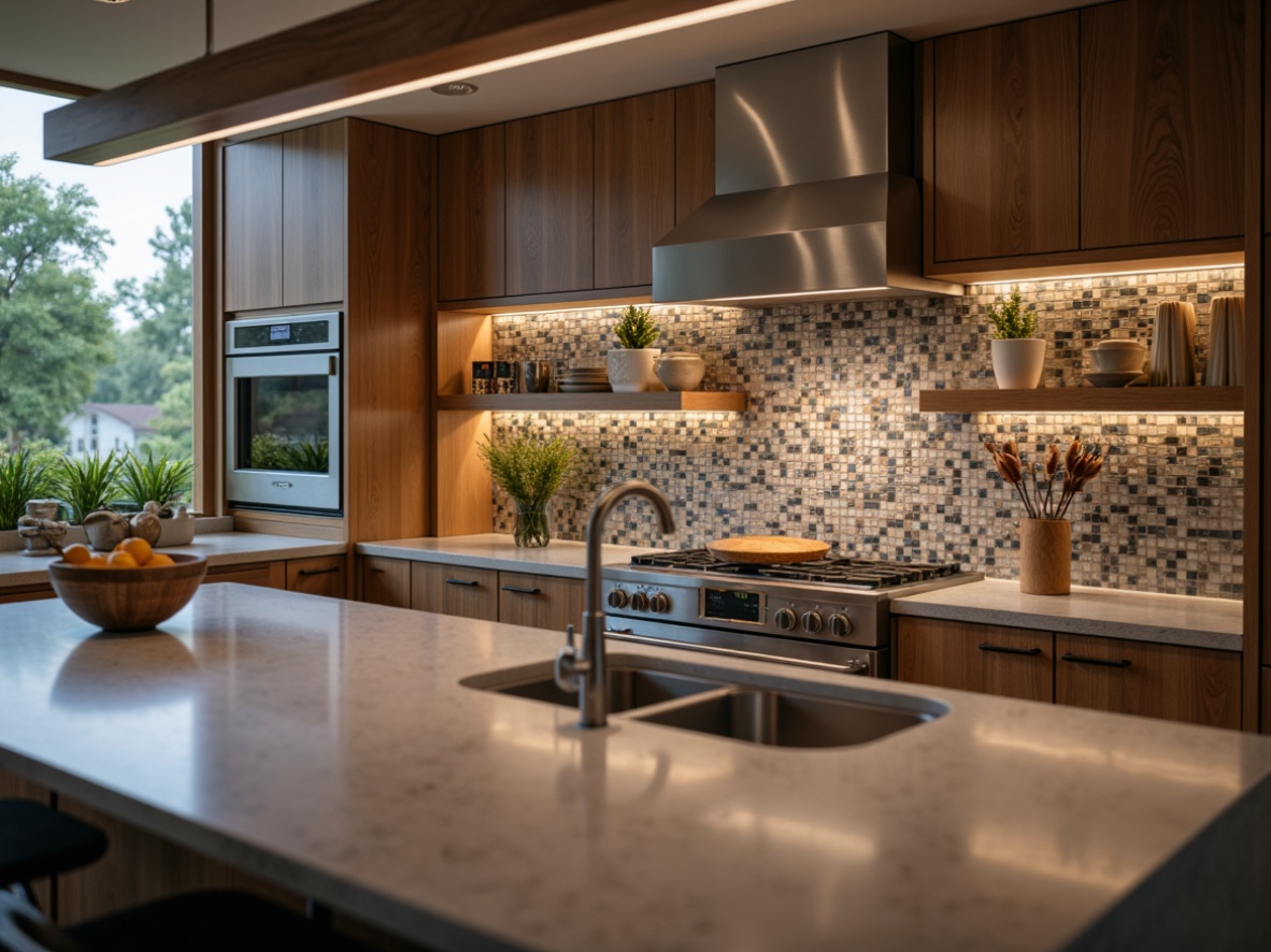 Prompt: Contemporary kitchen, sleek countertops, stainless steel appliances, warm wooden cabinetry, decorative tile backsplash, geometric patterns, glass mosaic accents, subtle color variations, ambient lighting, soft focus, 1/1 composition, realistic textures, shallow depth of field.