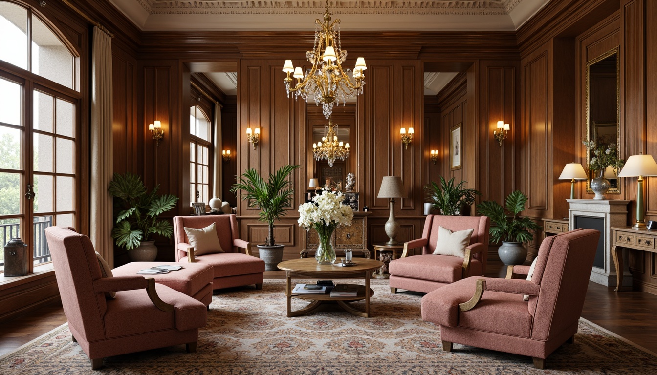 Prompt: Elegant living room, refined furniture pieces, ornate carvings, rich wood tones, velvety upholstery, subtle patterns, neutral color palette, crystal chandeliers, floor-to-ceiling drapery, stately columns, intricate moldings, luxurious fabrics, antique accessories, symmetrical layout, classic proportions, warm golden lighting, soft focus, 1/1 composition, realistic reflections, ornate frames.