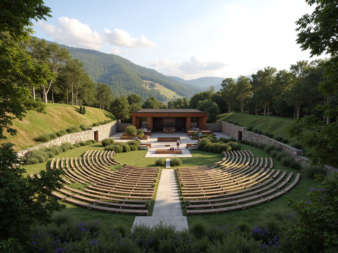 Prompt: Natural amphitheater setting, rolling hills, lush greenery, curved seating areas, wooden benches, stone walls, acoustic sound systems, optimized speaker placement, precise sound reflection, minimal echo, clear vocal clarity, warm ambient lighting, gentle breeze, natural scenery integration, tiered audience seating, open sky above, cloudless sunny day, soft diffused shadows, 1/2 composition, realistic textures, subtle atmospheric effects.