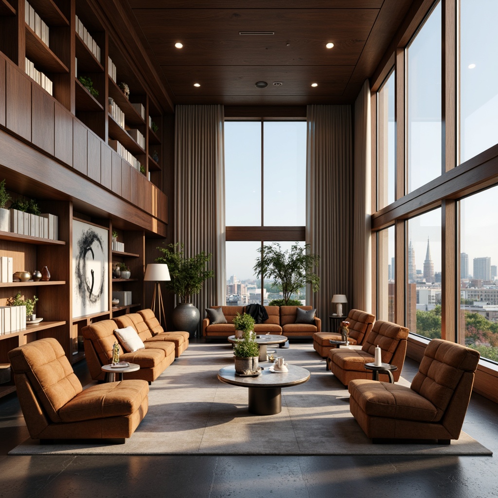 Prompt: Luxurious penthouse interior, high ceilings, floor-to-ceiling windows, modern academic style furniture, rich wood tones, leather sofas, velvet armchairs, marble coffee tables, minimalist bookshelves, sleek metal lamps, abstract artwork, soft warm lighting, 1/1 composition, realistic textures, ambient occlusion.