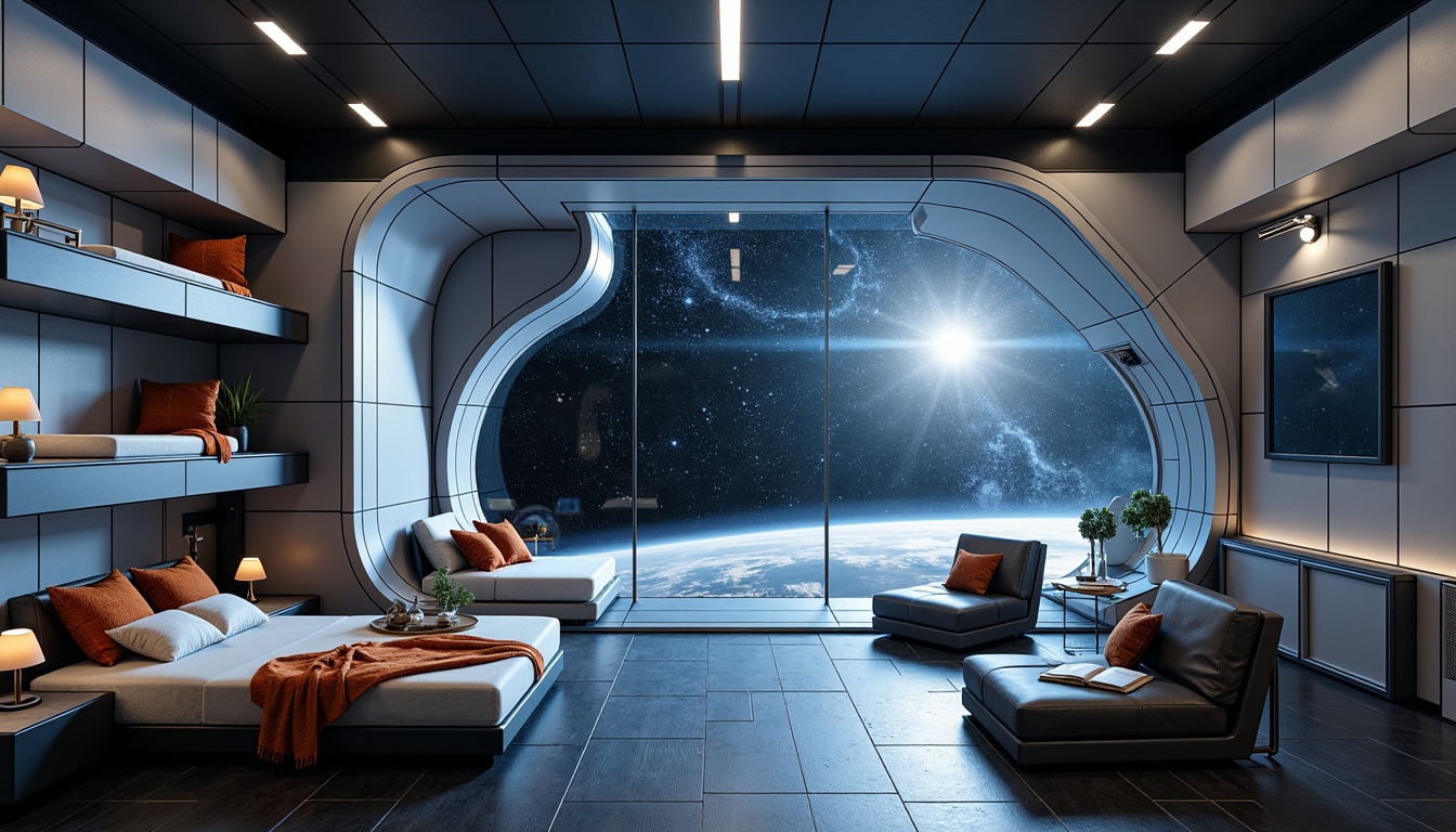 Prompt: Futuristic space station, zero-gravity environment, modular living quarters, compact storage systems, multi-functional furniture, retractable beds, foldable tables, minimalist decor, sleek metallic surfaces, LED lighting systems, panoramic windows, starry night sky, 3/4 composition, shallow depth of field, realistic textures, ambient occlusion.