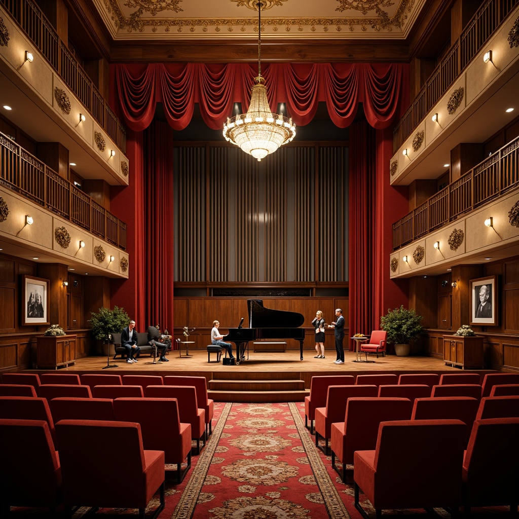 Prompt: Intimate music hall, ornate wooden panels, rich velvet drapes, polished brass fixtures, comfortable seating areas, grand piano centerpieces, soundproofing acoustic panels, warm soft lighting, shallow depth of field, 3/4 composition, realistic textures, ambient occlusion, historic architecture revival, elegant chandeliers, sophisticated interior design, refined auditorium acoustics, state-of-the-art sound systems, luxurious VIP lounges, exclusive artist facilities.