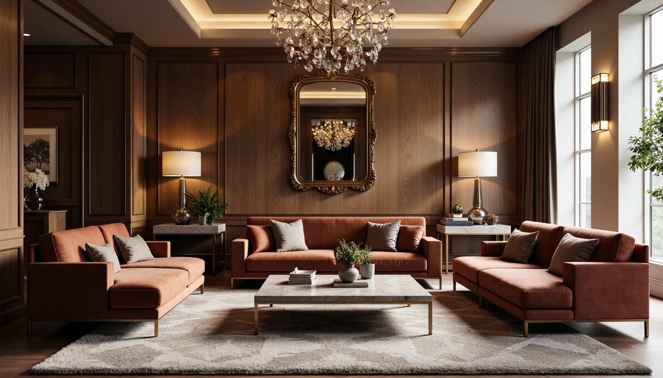 Prompt: Luxurious living room, velvet sofas, marble coffee tables, ornate mirrors, crystal chandeliers, plush area rugs, rich wood paneling, minimalist decor, neutral color palette, soft warm lighting, shallow depth of field, 3/4 composition, realistic textures, ambient occlusion.