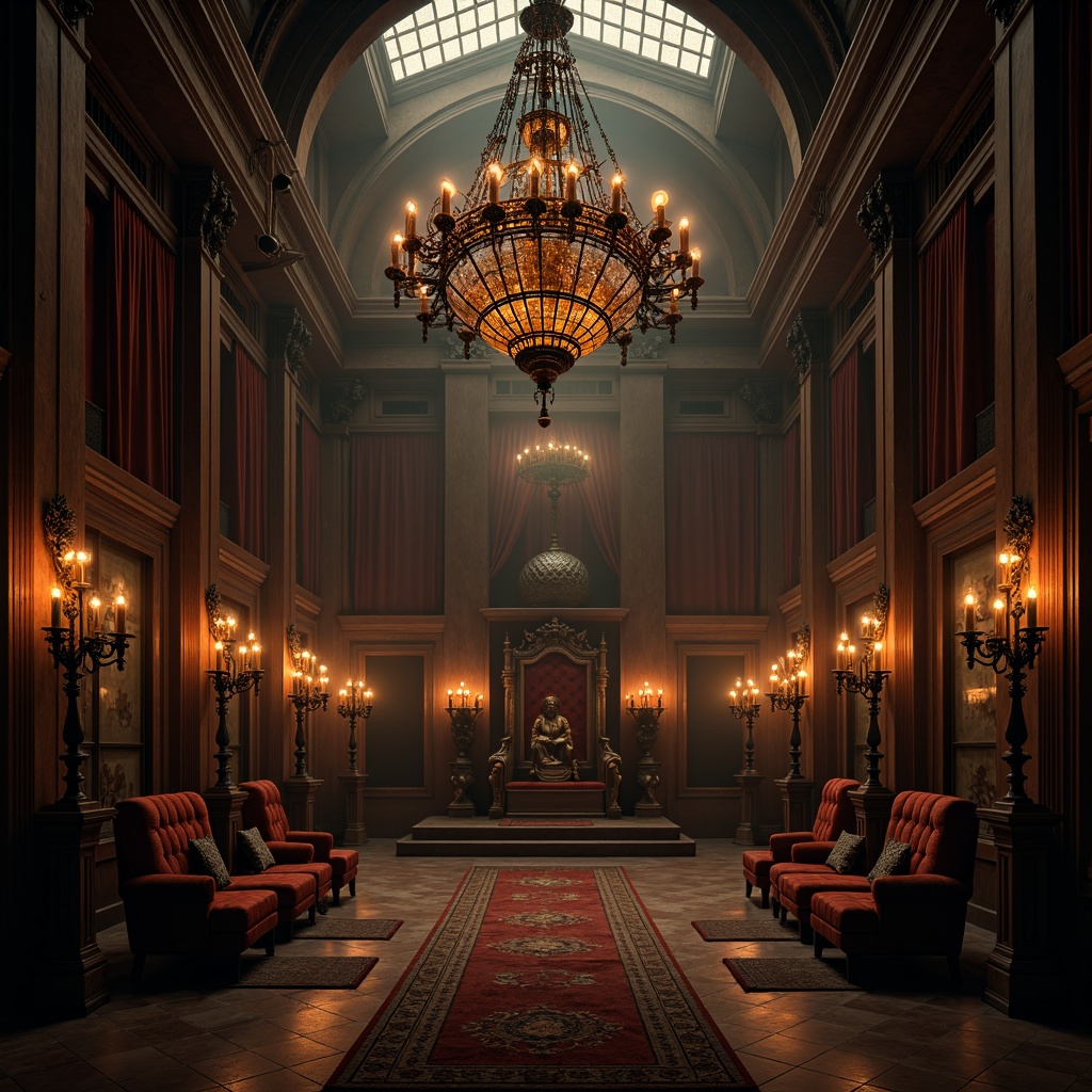 Prompt: Intricate chandeliers, ornate metalwork, grand candelabras, stained glass lanterns, mysterious dark wood accents, rich velvet drapes, regal throne-like seating, eerie flickering candles, mystical ambiance, high vaulted ceilings, dramatic shadows, warm golden lighting, subtle misty atmosphere, 1/2 composition, symmetrical framing, cinematic mood, detailed textures, realistic reflections.