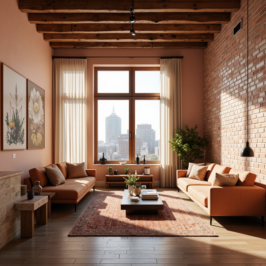 Prompt: Cozy loft interior, warm peach tones, soft natural light, wooden accents, plush area rugs, comfortable sectional sofas, minimalist coffee tables, industrial metal lighting fixtures, exposed brick walls, urban city views, floor-to-ceiling windows, sheer white curtains, eclectic decorative art pieces, vintage Moroccan-inspired tiles, creamy marble countertops, warm beige wooden floors, inviting reading nooks, soft warm glow, shallow depth of field, 1/1 composition.