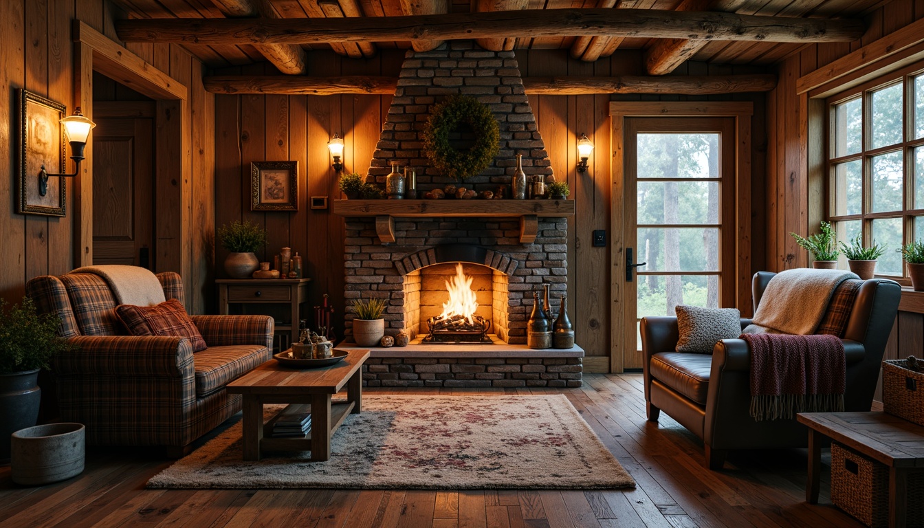 Prompt: Cozy cabin, rustic wooden walls, vintage furniture, earthy tones, woven textiles, plaid patterns, natural fabrics, warm candlelight, crackling fireplace, comfortable armchairs, plush throw blankets, distressed wood accents, aged metal decorations, moss-covered stones, forest surroundings, misty morning, soft warm lighting, shallow depth of field, 2/3 composition, intimate atmosphere, realistic textures, ambient occlusion.