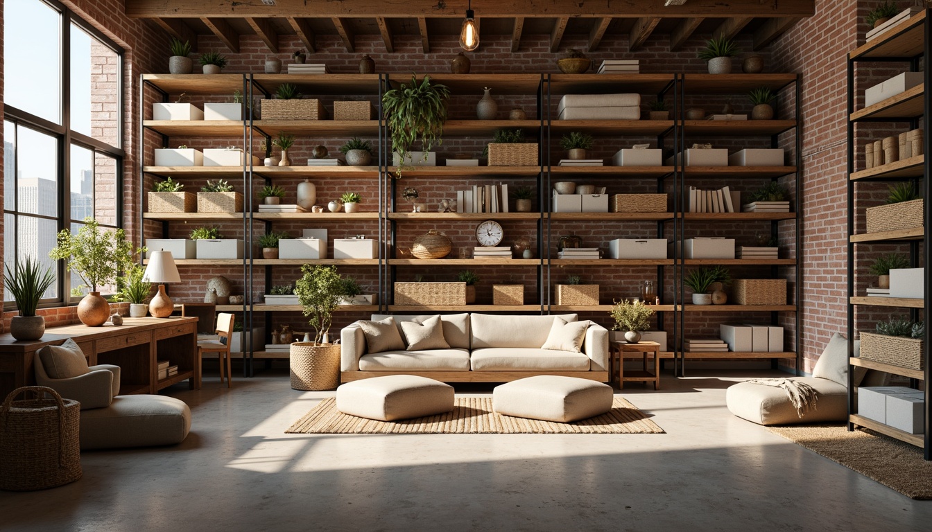 Prompt: Cozy storage room, soft warm lighting, wooden shelving units, metal storage racks, woven baskets, canvas bins, industrial-style decor, exposed brick walls, polished concrete floors, modern minimalist furniture, multi-functional storage ottomans, comfortable seating areas, natural textiles, earthy color palette, rustic wood accents, functional decorative items, ample vertical space, 1/1 composition, softbox lighting, realistic textures.