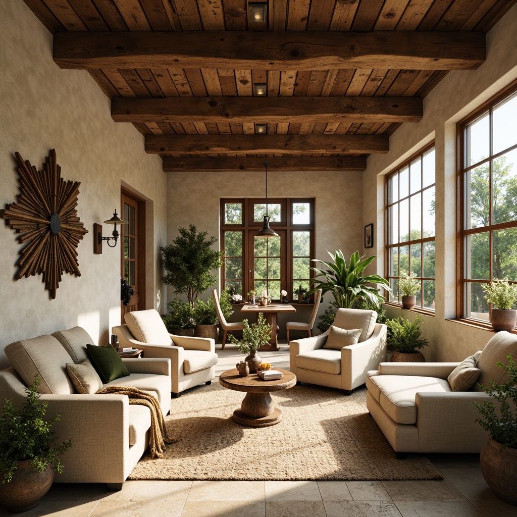 Prompt: Rustic farmhouse interior, earthy color palette, warm beige walls, reclaimed wood accents, vintage metal decorations, soft cream fabrics, distressed finishes, natural stone floors, plush area rugs, cozy reading nooks, wooden beam ceilings, large windows, abundance of greenery, sunlit atmosphere, soft warm lighting, shallow depth of field, 3/4 composition, realistic textures, ambient occlusion.