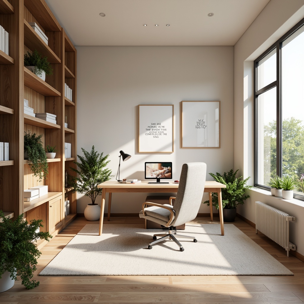 Prompt: Modern home office, ergonomic furniture, minimalist decor, neutral background, calming colors, soothing atmosphere, natural wood tones, subtle texture, warm task lighting, comfortable workspace, inspiring quotes, motivational artwork, organized shelves, clutter-free environment, soft beige walls, rich brown accents, creamy white trim, gentle greenery, peaceful ambiance, shallow depth of field, 1/1 composition, realistic rendering, ambient occlusion.