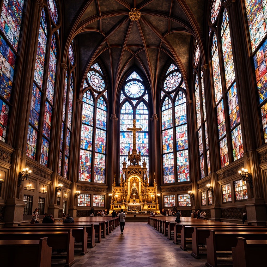 Prompt: Vibrant stained glass windows, geometric patterns, luxurious materials, ornate details, sacred symbols, grandiose cathedrals, opulent chapels, rich jewel tones, golden accents, intricate mosaics, Byzantine influences, Gothic Revival styles, dramatic lighting effects, kaleidoscopic colors, spiritual ambiance, serene atmosphere, 1/1 composition, realistic textures, ambient occlusion.