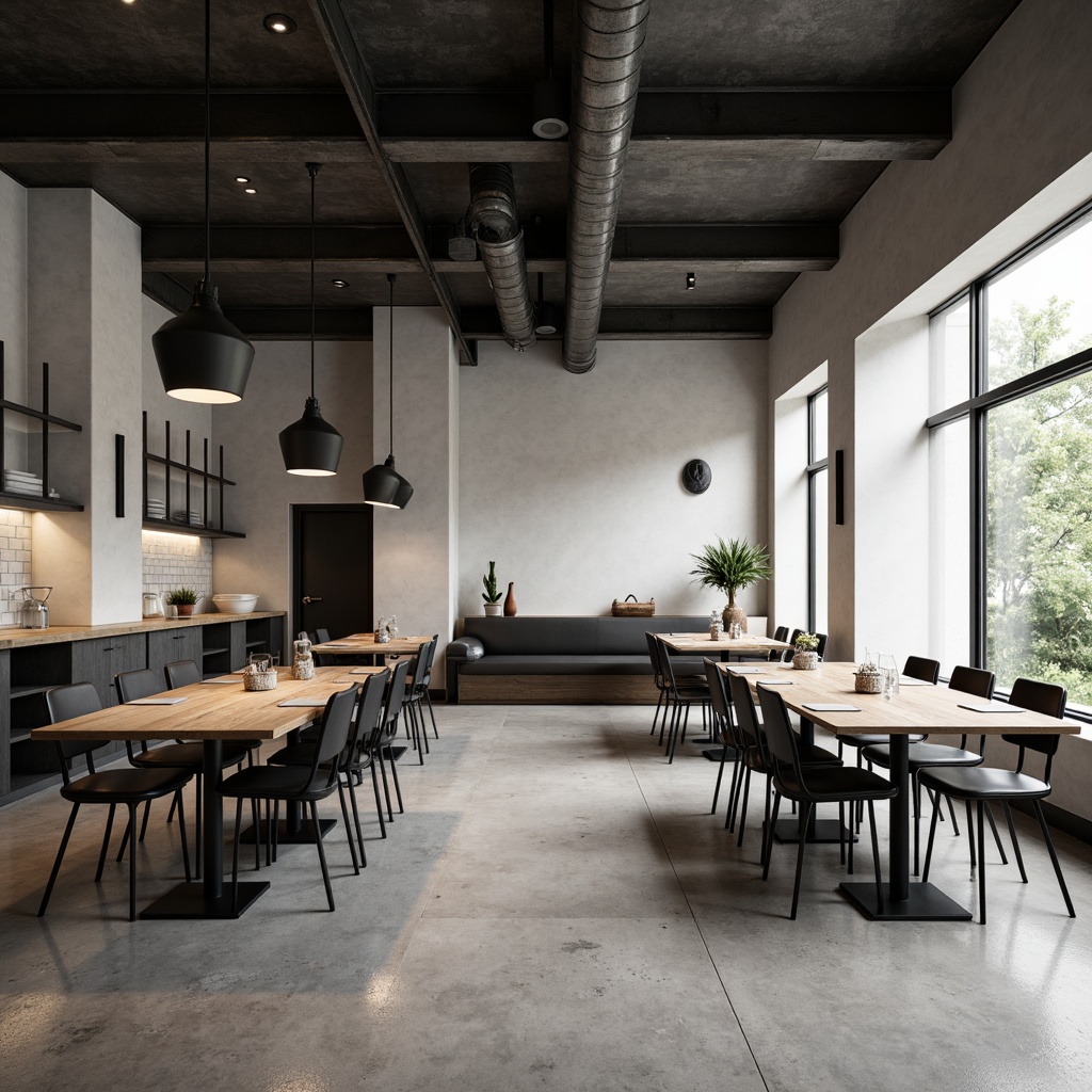 Prompt: Minimalist dining hall, clean lines, monochromatic color scheme, polished concrete floors, matte metal chairs, wooden tables, simple pendant lighting, natural textiles, subtle patterns, industrial-chic decor, urban loft atmosphere, abundant natural light, soft diffused illumination, shallow depth of field, 3/4 composition, realistic reflections, ambient occlusion.