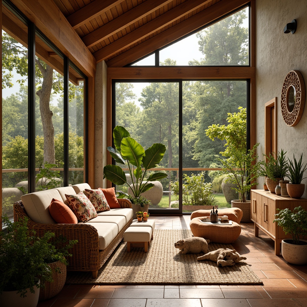 Prompt: Warm sunroom, mid-century modern style, large windows, sliding glass doors, natural stone floors, terracotta tiles, woven wicker furniture, plush velvet cushions, linen upholstery, wooden accents, rattan decorations, earthy color palette, organic shapes, geometric patterns, botanical prints, lush greenery, potted plants, hanging macrame, soft warm lighting, diffused sunlight, 1/1 composition, shallow depth of field, realistic textures, ambient occlusion.