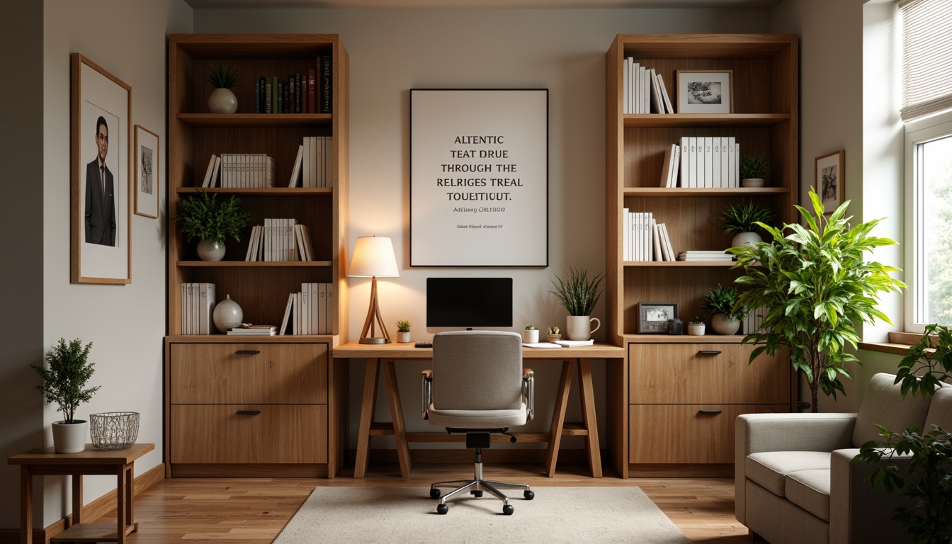 Prompt: Cozy home office, wooden desk, ergonomic chair, bookshelves, framed academic certificates, motivational quotes, inspirational artwork, organized storage cabinets, natural wood flooring, earthy color scheme, soft warm lighting, 1/2 composition, shallow depth of field, realistic textures, ambient occlusion, peaceful atmosphere, comfortable seating area, potted plants, greenery, minimal decor, functional layout.