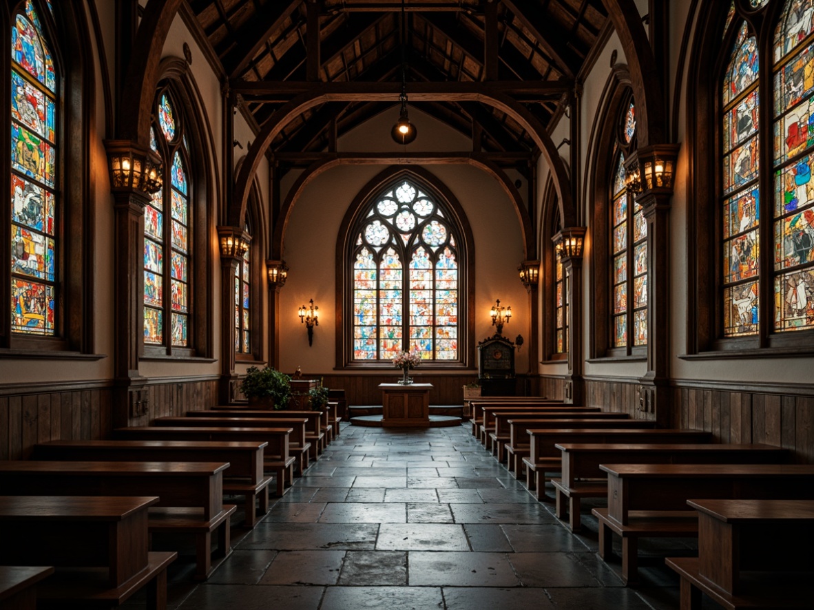 Prompt: Rustic church interior, vintage stained glass windows, kaleidoscope colors, intricate patterns, ornate details, Gothic architecture, medieval-inspired design, rich wood tones, worn stone floors, dim warm lighting, subtle color gradients, realistic glass textures, shallow depth of field, 1/1 composition, intimate atmosphere, soft natural light, peaceful ambiance.