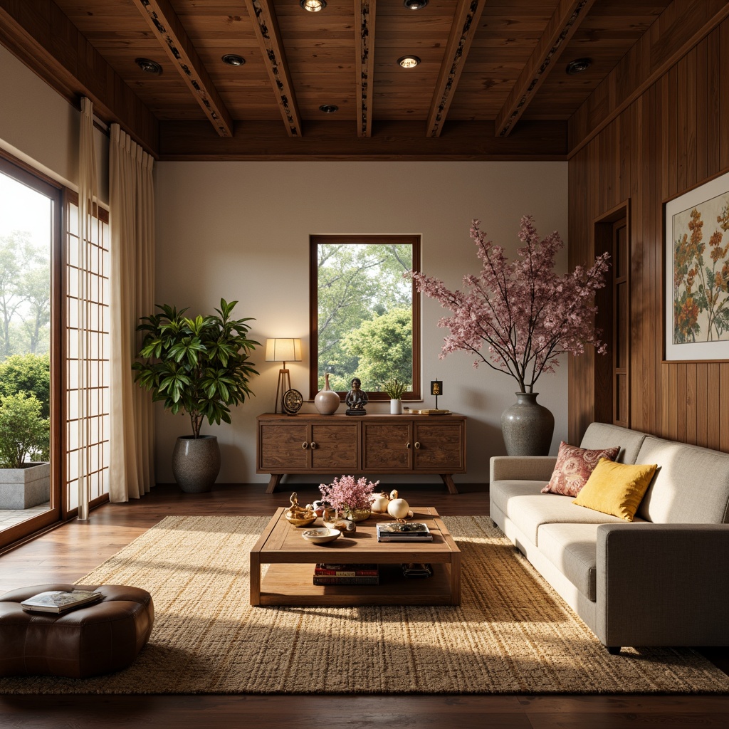 Prompt: Soothing Asian-style living room, natural wood accents, traditional Japanese shoji screens, sliding rice paper doors, intricately carved wooden furniture, plush silk upholstery, vibrant Chinese lacquerware, subtle gold leaf decorations, serene Buddha statues, lush greenery, delicate cherry blossom branches, warm candlelight, soft diffused lighting, 1/1 composition, shallow depth of field, realistic textures, ambient occlusion.