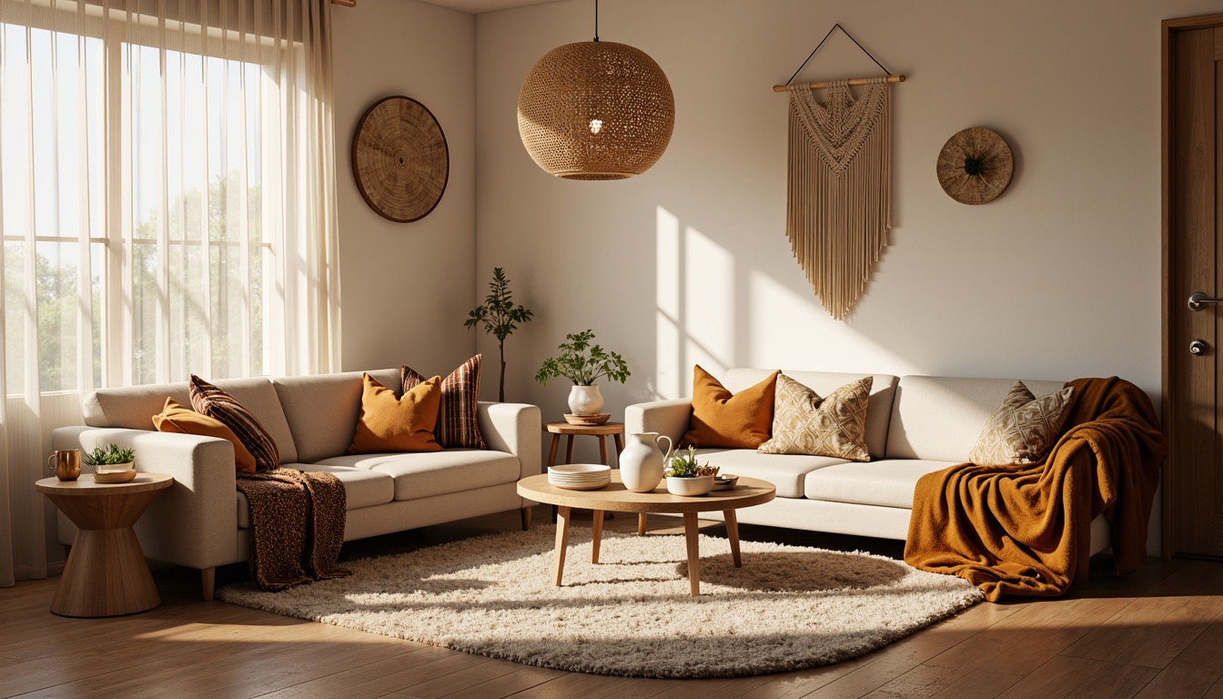 Prompt: Cozy living room, plush area rugs, velvet sofas, patterned throw pillows, soft cotton blankets, warm beige walls, wooden coffee tables, modern minimalist decor, natural light pouring in, sheer curtains, textured upholstery, intricate embroidery, woven baskets, macrame wall hangings, ambient warm lighting, shallow depth of field, 1/1 composition, realistic fabric simulations.