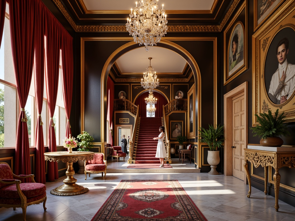 Prompt: Luxurious velvet curtains, golden ornate frames, crystal chandeliers, richly upholstered armchairs, intricately carved wooden tables, neoclassical patterned rugs, opulent marble floors, grandiose staircases, majestic archways, ornamental mirrors, lavish drapery, soft warm lighting, shallow depth of field, 1/1 composition, realistic textures, ambient occlusion.