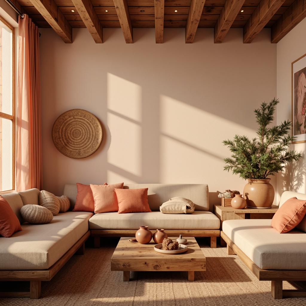 Prompt: Warm peach tone, soft pastel hues, inviting interior design, cozy living room, plush sofas, velvety cushions, natural wood accents, rustic coffee tables, earthy terracotta vases, gentle warm lighting, subtle texture overlays, atmospheric misty effects, 1/1 composition, intimate close-up shots, realistic fabric simulations, ambient occlusion.