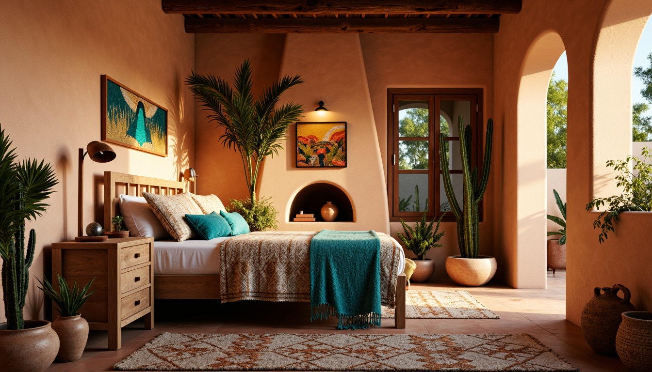 Prompt: Southwestern style bedroom, warm earthy tones, rustic wooden furniture, vibrant turquoise accents, plush woven blankets, patterned textiles, geometric motifs, natural fiber rugs, woven baskets, terracotta pottery, desert-inspired artwork, cactus plants, warm golden lighting, soft ambient glow, shallow depth of field, 3/4 composition, realistic textures, atmospheric perspective.