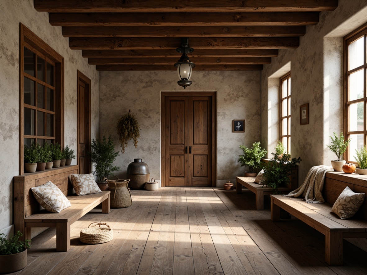 Prompt: Rustic wooden benches, vintage metal lanterns, distressed stone walls, reclaimed wood floors, earthy tone color palette, natural fiber textiles, potted greenery, antique farming tools, exposed wooden beams, soft warm lighting, shallow depth of field, 3/4 composition, panoramic view, realistic textures, ambient occlusion.