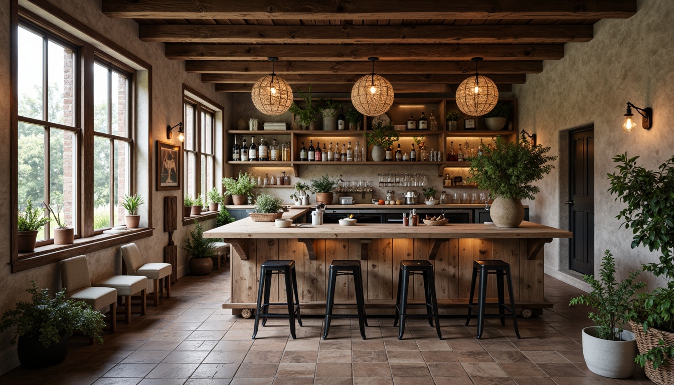 Prompt: Rustic farmhouse bar, reclaimed wood countertops, vintage metal stools, galvanized metal accents, earthy color palette, natural stone walls, exposed wooden beams, pendant lighting fixtures, woven wicker baskets, potted greenery, antique farming tools, distressed finishes, warm candlelight, cozy atmosphere, 1/2 composition, soft focus, realistic textures.