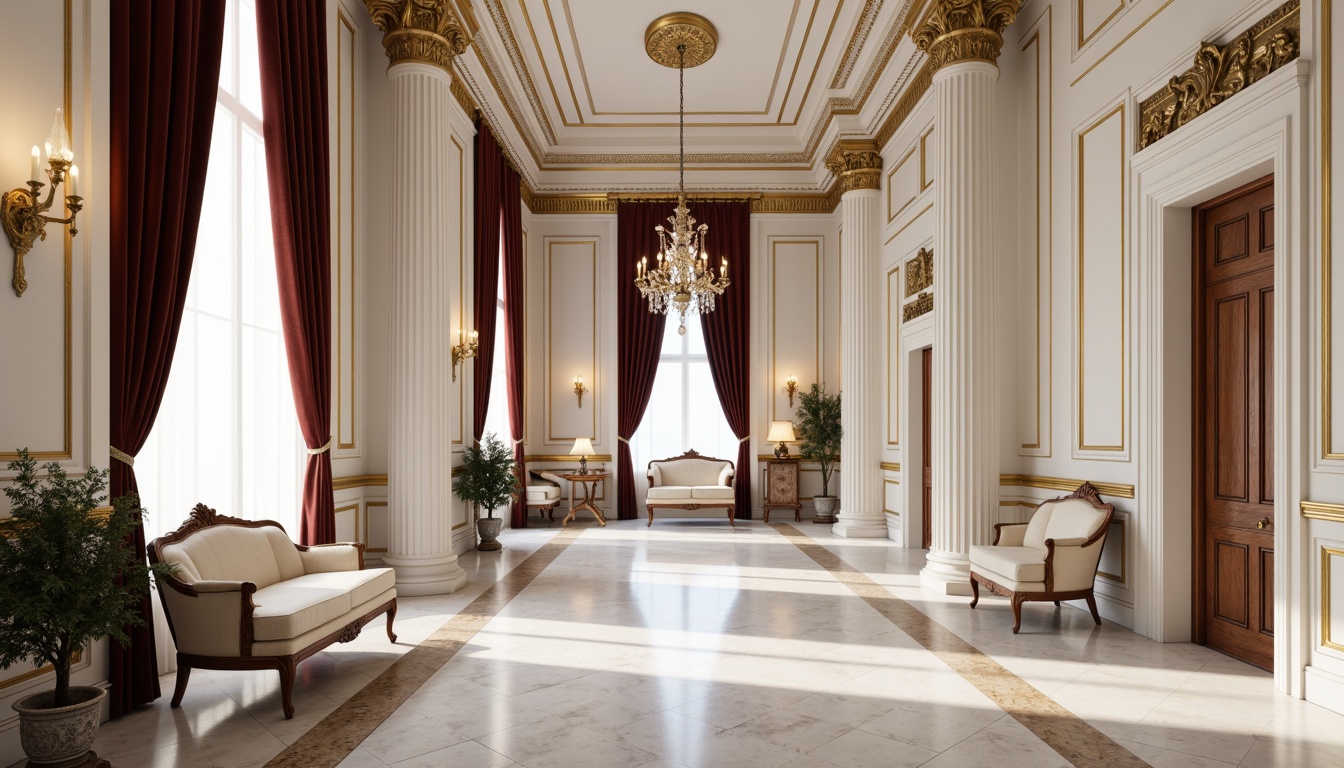 Prompt: Elegant neoclassical interior, ornate moldings, intricate carvings, gilded accents, white marble columns, crystal chandeliers, rich velvet drapes, antique furniture, classicism-inspired motifs, subtle color palette, soft warm lighting, high ceilings, decorative plasterwork, symmetrical compositions, 1/1 perspective, realistic textures, ambient occlusion.