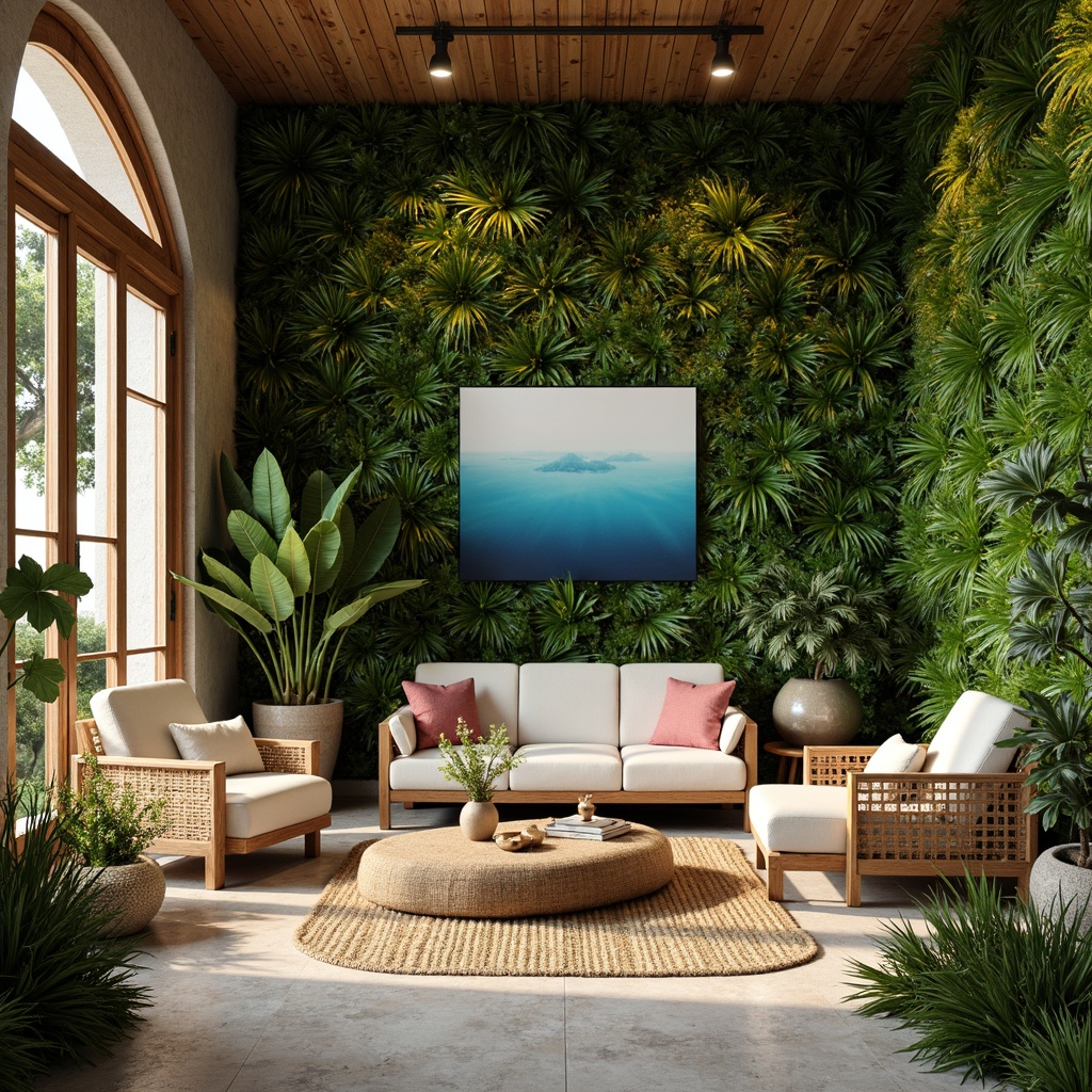 Prompt: Vibrant tropical interior, lush greenery walls, exotic wood accents, rattan furniture, natural fiber textiles, ocean-inspired blues, warm sandy neutrals, coral reef pinks, sunny yellow hues, soft creamy whites, elegant metallic gold, ambient warm lighting, shallow depth of field, 2/3 composition, realistic textures, subtle gradient effects.