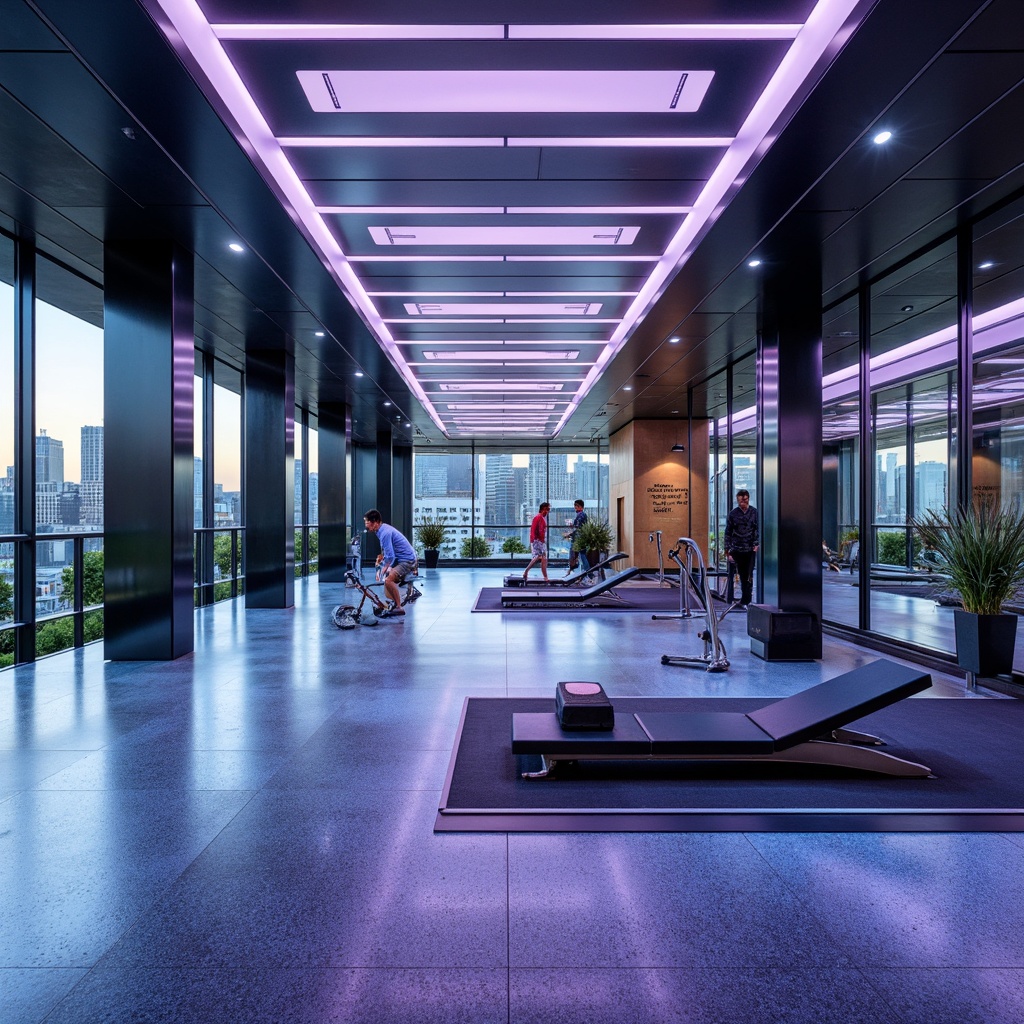 Prompt: Futuristic home gym, metallic silver walls, neon-lit LED floors, mirrored ceilings, high-gloss polyurethane finishes, rubberized flooring, stainless steel equipment, sleek glass partitions, minimalist chrome accents, industrial-style concrete textures, abstract geometric patterns, dynamic color-changing lights, atmospheric misting system, panoramic cityscape views, shallow depth of field, 1/1 composition, realistic reflections, ambient occlusion.