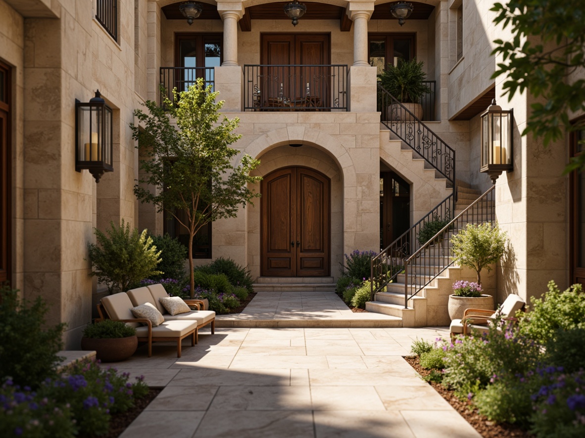 Prompt: Rustic youth center, classicism style, textured stone walls, ornate wooden doors, grand staircases, polished marble floors, decorative metal railings, vintage lanterns, soft warm lighting, shallow depth of field, 1/2 composition, realistic textures, ambient occlusion, lush greenery, blooming flowers, sunny day, natural surroundings, serene atmosphere.