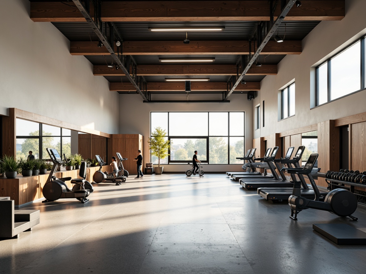 Prompt: Minimalist open space gymnasium, high ceilings, polished concrete floors, industrial-style metal beams, large windows, natural light, airy atmosphere, modern exercise equipment, free weights, treadmills, mirrored walls, wooden accents, sleek lines, simple color palette, functional design, ample storage spaces, soft warm lighting, shallow depth of field, 3/4 composition, realistic textures, ambient occlusion.