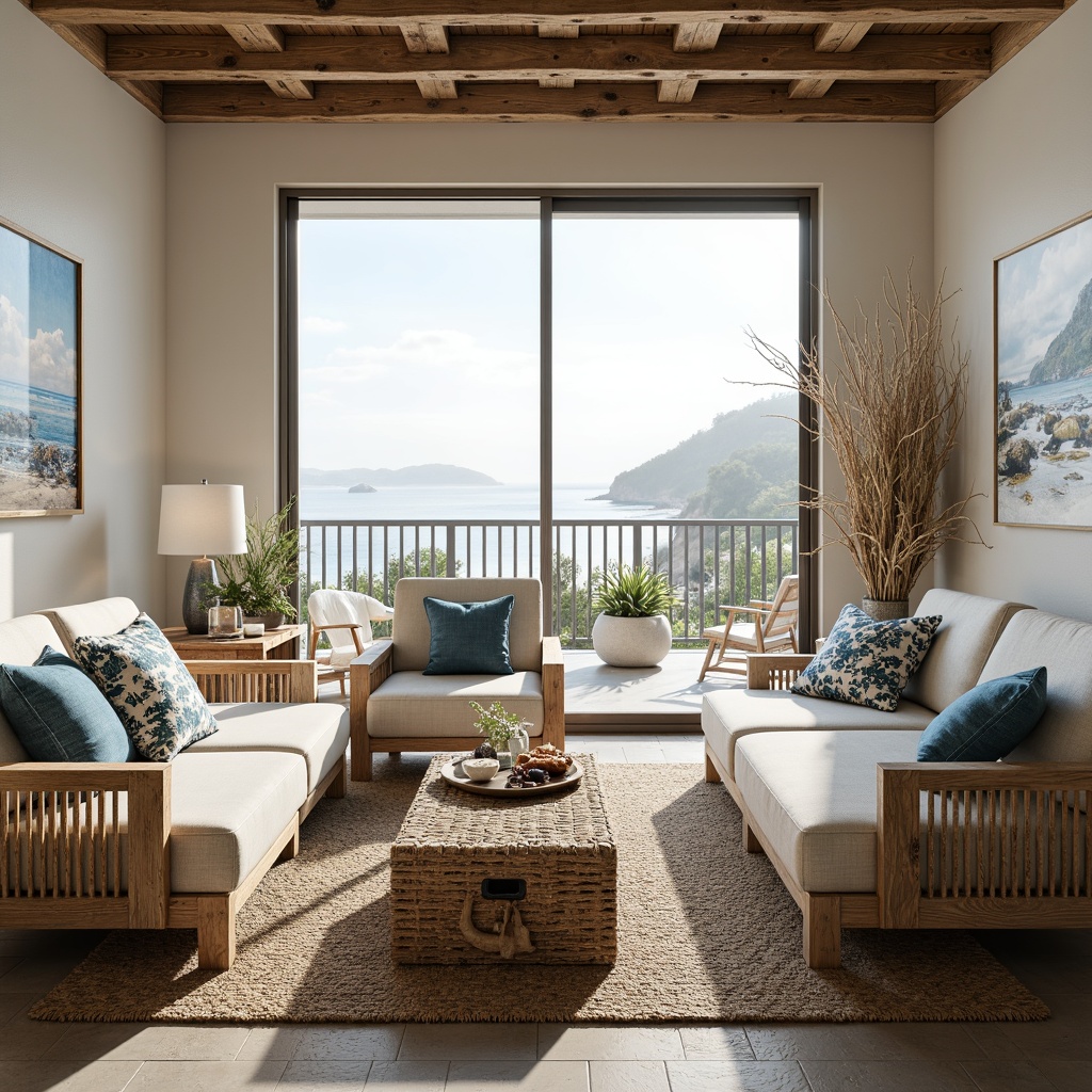 Prompt: Driftwood-inspired furniture, beachy vibe, natural textures, woven rattan, reclaimed wood, ocean-blue accents, sea-glass decor, nautical ropes, shells, pebbles, coral patterns, light airy feel, spacious interiors, floor-to-ceiling windows, sliding glass doors, balcony views, seaside landscapes, misty mornings, soft warm lighting, 1/2 composition, symmetrical arrangement, realistic reflections, ambient occlusion.