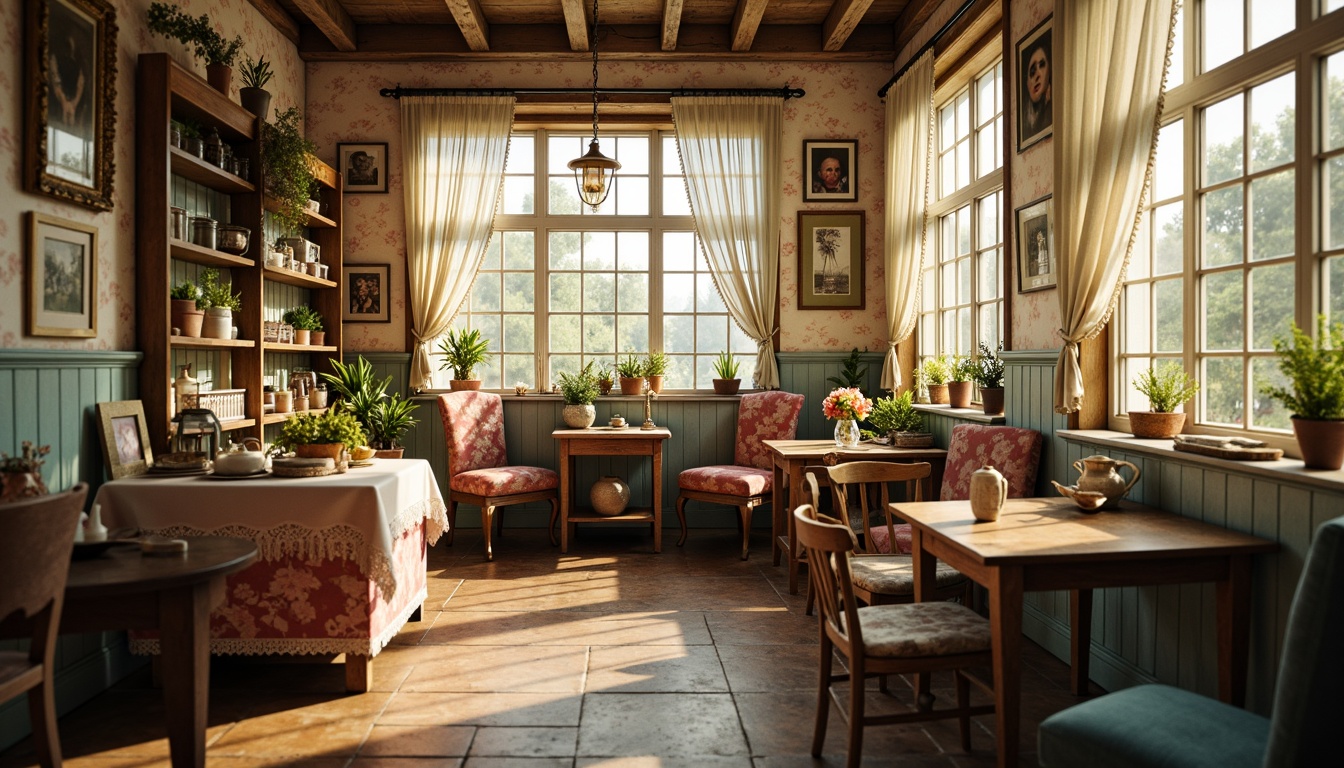 Prompt: Distressed vintage fabrics, soft pastel hues, floral patterns, lace trimmings, rustic wooden tables, distressed metal chairs, worn velvet upholstery, ornate antique decorations, morning sunlight, warm golden lighting, shallow depth of field, 1/2 composition, cozy intimate atmosphere, realistic textures, ambient occlusion.