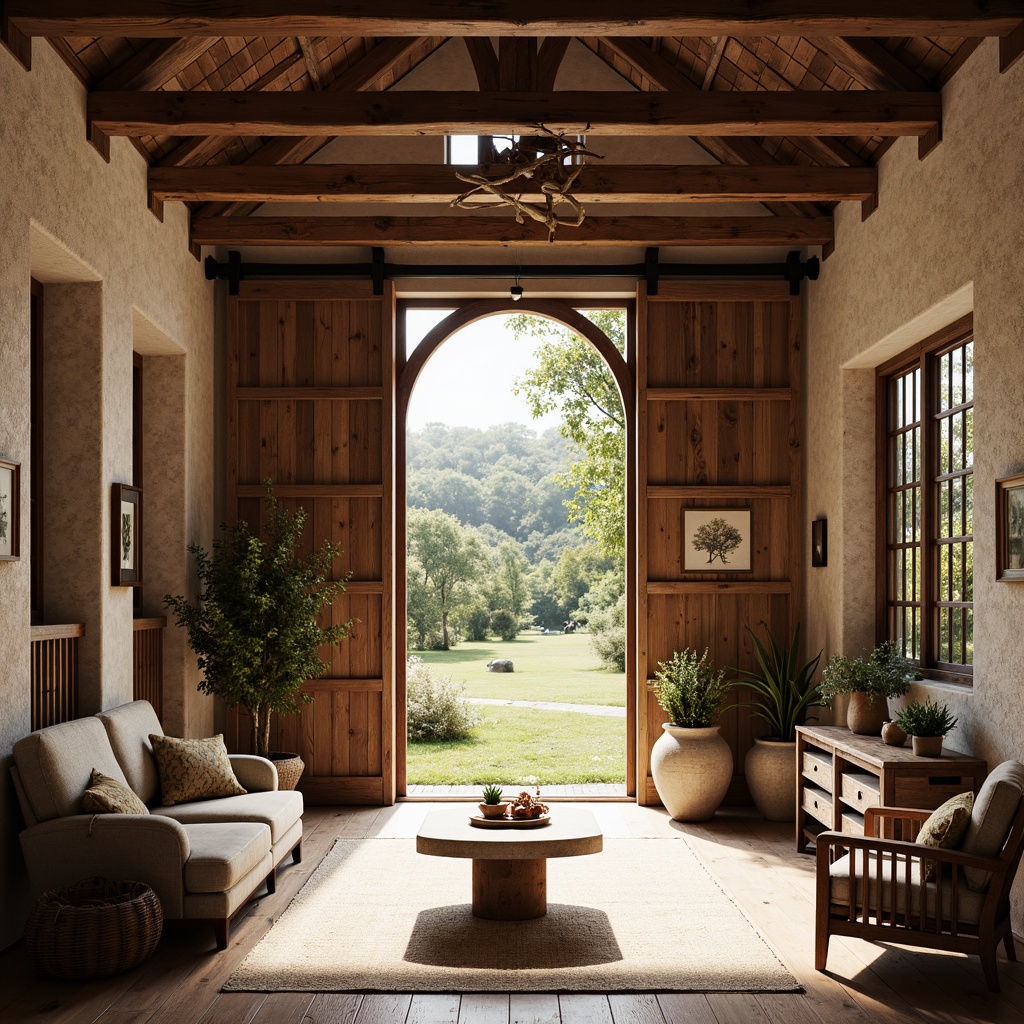 Prompt: Rustic farmhouse, vintage decor, wooden beams, natural light pouring, large windows, sliding barn doors, stone walls, exposed brick, country-style furniture, woven textiles, earthy tones, warm color palette, cozy atmosphere, soft shadows, shallow depth of field, 1/1 composition, realistic textures, ambient occlusion.