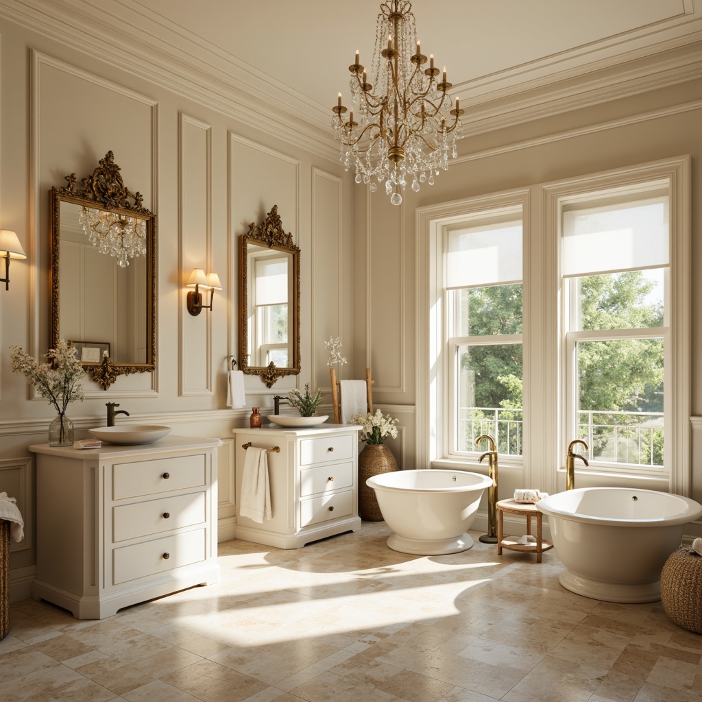 Prompt: Elegant bathroom, soft cream walls, warm beige flooring, ornate mirrors, gold accents, crystal chandeliers, freestanding tubs, white marble countertops, decorative tile patterns, subtle texture contrasts, calming ambiance, natural light, soft focus, shallow depth of field, 1/2 composition, warm color temperature, inviting atmosphere.