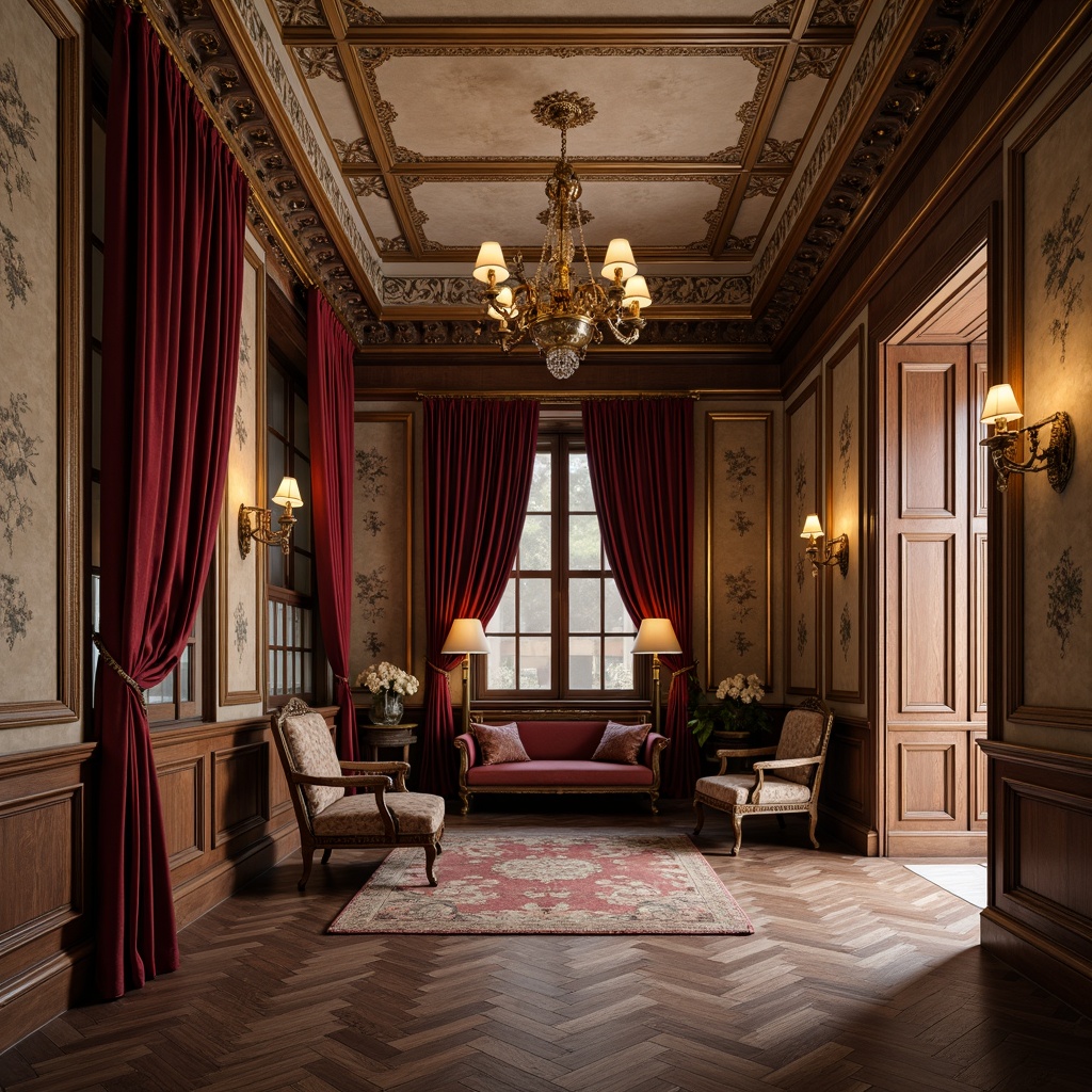 Prompt: Intricate plaster molding, ornate wooden paneling, rich velvet drapes, luxurious silk wallpapers, vintage floral patterns, distressed wood accents, antique bronze hardware, crystal chandeliers, soft warm candlelight, 3/4 composition, shallow depth of field, realistic textures, ambient occlusion.