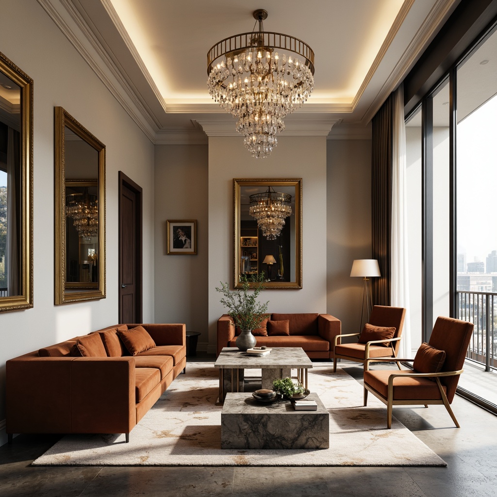 Prompt: Luxurious living room, velvet sofas, golden frames, ornate mirrors, marble coffee tables, plush area rugs, crystal chandeliers, warm neutral tones, sophisticated ambiance, refined textures, elegant lines, modern minimalist decor, subtle patterns, metallic accents, cozy reading nooks, floor-to-ceiling windows, natural light, softbox lighting, 1/2 composition, realistic reflections, ambient occlusion.