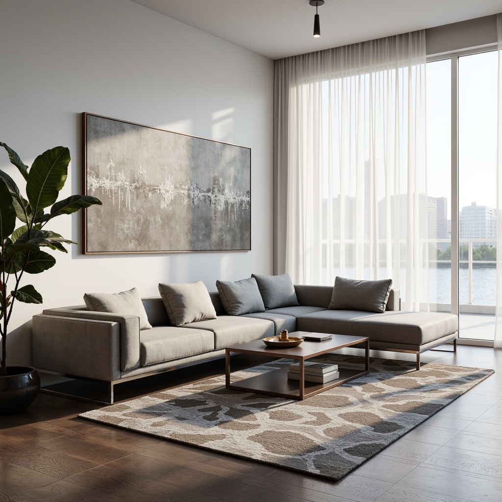 Prompt: Minimalist living room, sleek low-profile sofa, polished chrome legs, tufted upholstery, industrial-chic coffee table, geometric-patterned rug, floor-to-ceiling windows, sheer white curtains, modern abstract artwork, ambient softbox lighting, 1/1 composition, shallow depth of field, realistic textures, subtle shadowing.