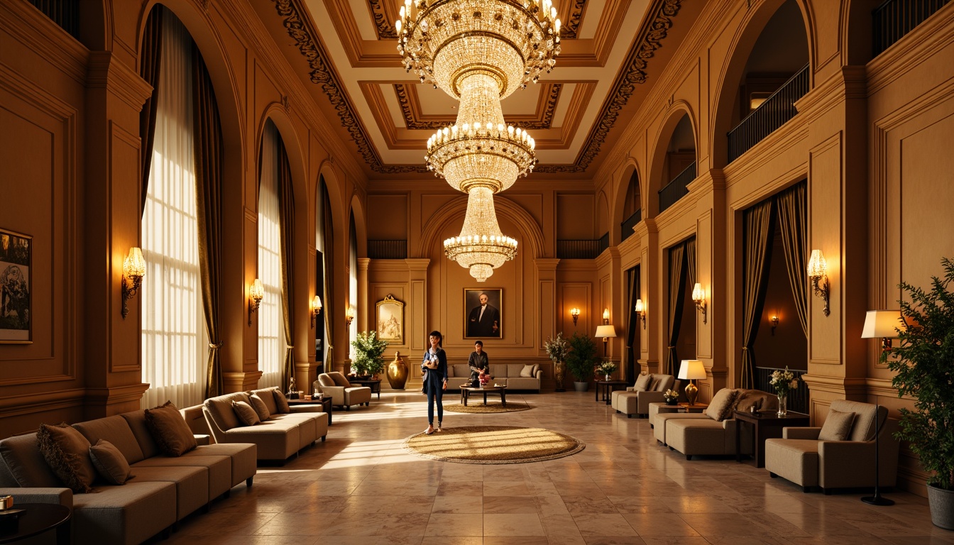 Prompt: Elegant interior space, ornate chandeliers, warm golden lighting, soft shadows, subtle gradient effects, classical arches, decorative moldings, rich wood tones, luxurious fabrics, velvet drapes, crystal fixtures, ambient glow, high-contrast ratios, dramatic spotlights, sculptural furniture, intricate carvings, refined textures, sophisticated color palette, harmonious balance, warm beige walls, polished marble floors, ornate ceiling details, soft focus, cinematic atmosphere, 1/2 composition, low-key lighting.