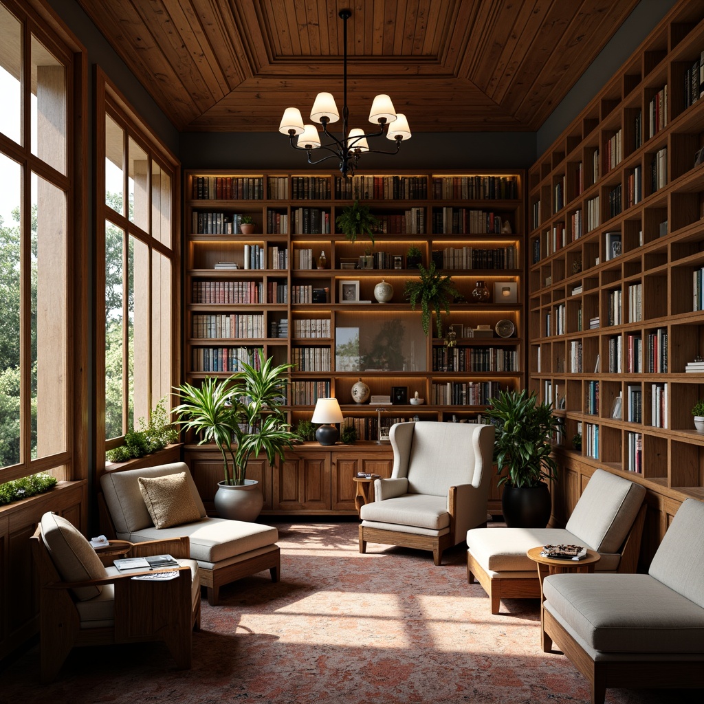 Prompt: Cozy library interior, warm wooden shelves, leather-bound books, comfortable reading nooks, soft cushioned chairs, rich walnut tables, elegant chandeliers, subtle natural light, calming color scheme, earthy tones, mossy greens, creamy whites, warm beige, golden brown, soft peach, muted blue, tranquil atmosphere, relaxing ambiance, 1/1 composition, shallow depth of field, soft focus, warm lighting.