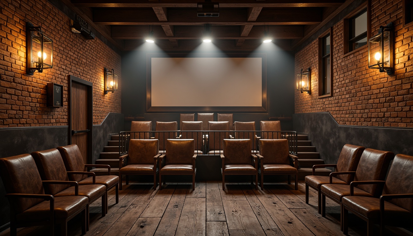 Prompt: Rustic industrial theater, exposed brick walls, metal beams, reclaimed wood floors, vintage metal seating, distressed leather upholstery, ornate metal decorations, dim warm lighting, atmospheric fog effects, shallow depth of field, 1/1 composition, realistic textures, ambient occlusion.