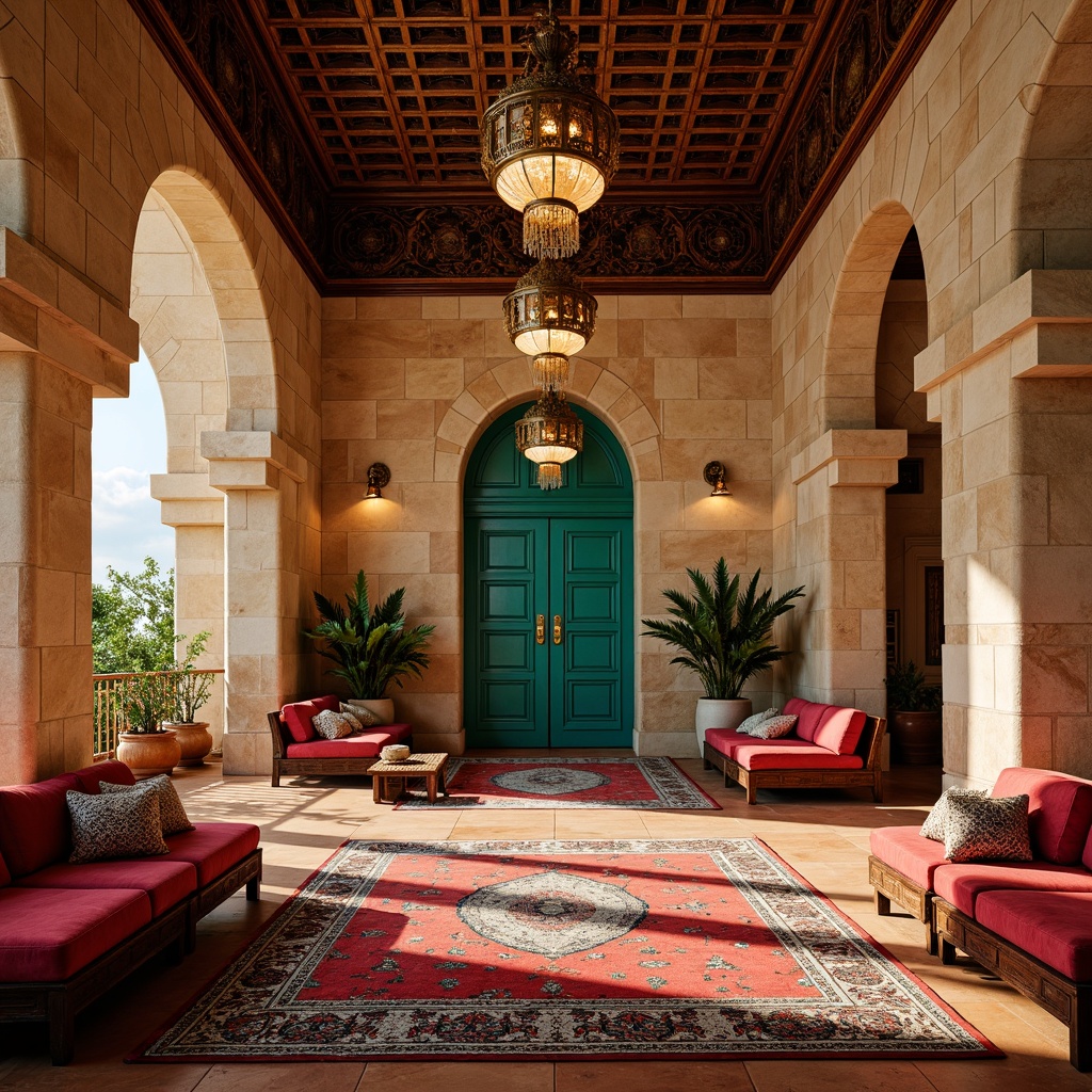 Prompt: Richly ornamented cultural center, traditional Middle Eastern architecture, intricately patterned rugs, warm beige stone walls, ornate wooden doors, lavish chandeliers, vibrant turquoise accents, golden lighting fixtures, plush crimson sofas, intricately carved wooden furniture, textured silk fabrics, majestic archways, ornamental tile work, warm terracotta flooring, soft diffused lighting, atmospheric shadows, 1/1 composition, symmetrical balance, realistic material textures, subtle ambient occlusion.