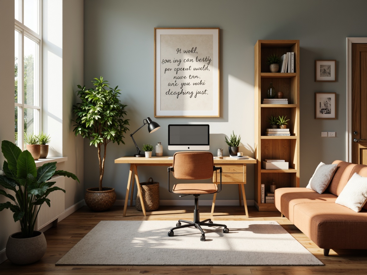 Prompt: Cozy home office, warm wood furniture, earthy tones, calming greenery, natural light pouring in, organized workspace, ergonomic chair, modern desk lamp, inspirational quotes, soothing color scheme, creamy whites, soft grays, muted blues, rich woods, subtle textures, comfortable atmosphere, productive ambiance, creative freedom, 3/4 composition, shallow depth of field, realistic renderings.