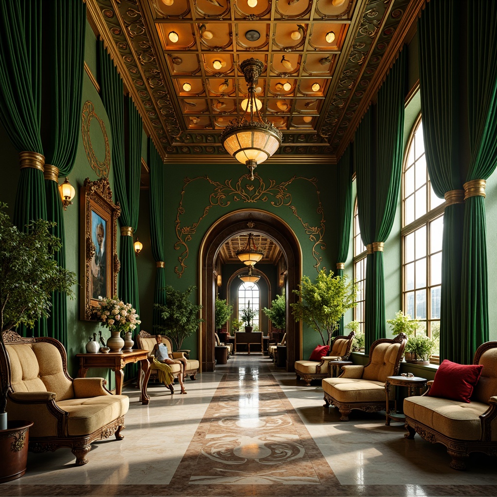 Prompt: Opulent Art Nouveau interior, rich jewel tones, emerald green walls, amber glass accents, golden ornate fixtures, velvet drapes, sinuous organic lines, flowing floral patterns, intricately carved wooden furniture, polished marble floors, ornate metalwork, warm soft lighting, shallow depth of field, 1/2 composition, realistic textures, ambient occlusion.