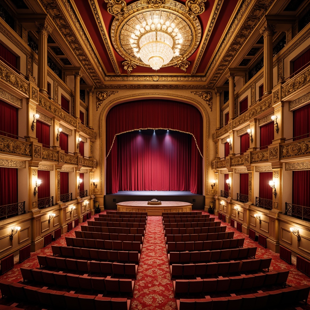 Prompt: \Ornate auditorium, velvet curtains, golden accents, grand chandeliers, intricate carvings, luxurious fabrics, ornamental patterns, curved balconies, regal red carpeting, majestic stage, Baroque-inspired details, rich wood tones, crystal sconces, warm ambient lighting, shallow depth of field, 2/3 composition, symmetrical framing, realistic textures, subtle atmospheric effects.\