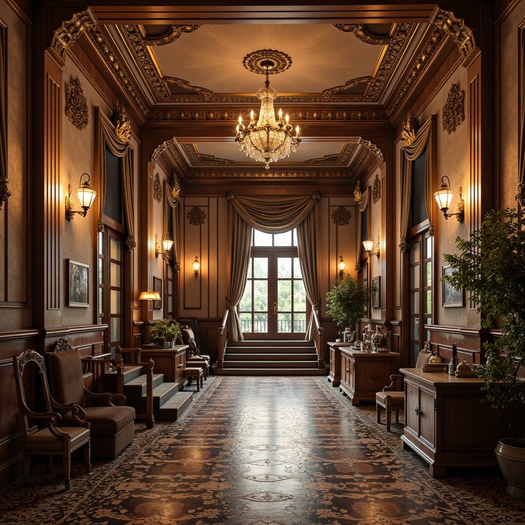 Prompt: Ornate clinic entrance, grand staircase, intricately patterned flooring, rich wood paneling, ornamental plasterwork, crystal chandeliers, gas lanterns, bronze sconces, filigree details, warm golden lighting, soft ambient glow, dramatic ceiling fixtures, layered curtains, luxurious fabrics, antique medical equipment, vintage apothecary jars, distressed finishes, ornate moldings, floral patterns, 3/4 composition, shallow depth of field, realistic textures.